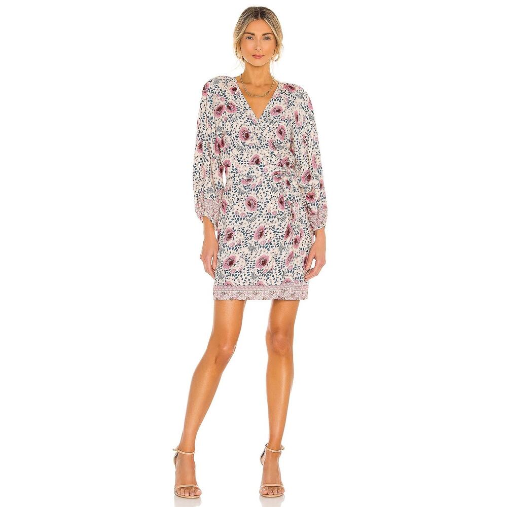 Natalie Martin Wrap White Floral Mini Dress with Pink Accents